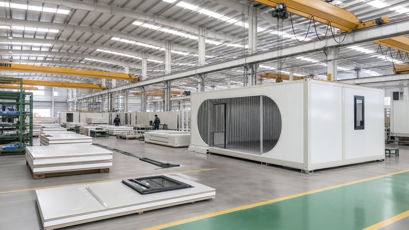 Factory floor overview for modular room production